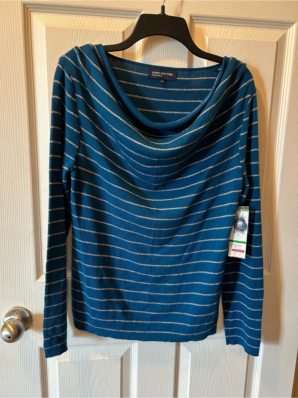 Jones New York Large Teal and Silver Striped Cowl Neck Sweater NWT